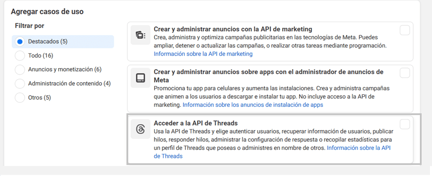 Threads business portfolio selection screenshot