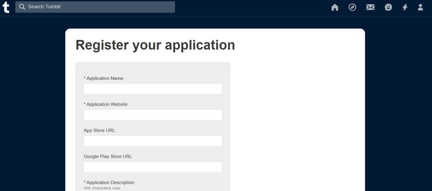 Tumblr app registration form