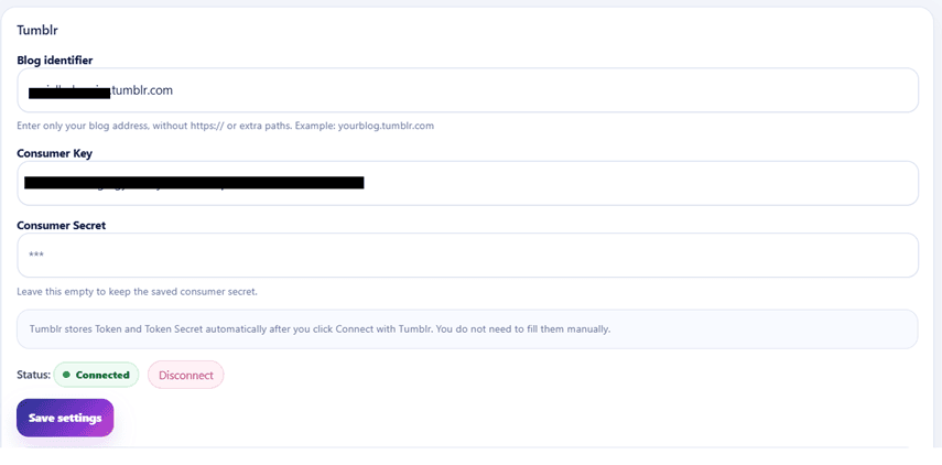 Tumblr connected in Calliope Social Publisher