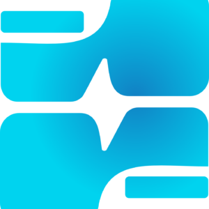 A stylized blue abstract logo consisting of two interlocking, mirrored shapes with rounded corners.