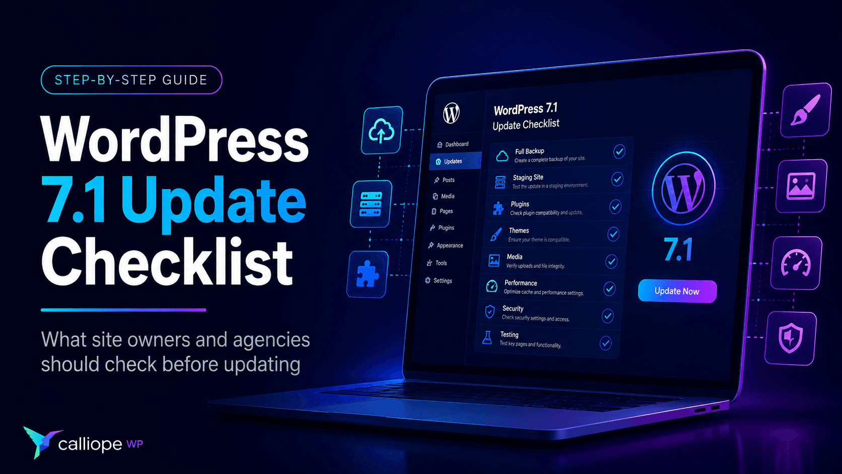 A digital graphic showing a laptop screen displaying a WordPress 7.1 update checklist with tasks like full backup, staging site, and plugin compatibility.