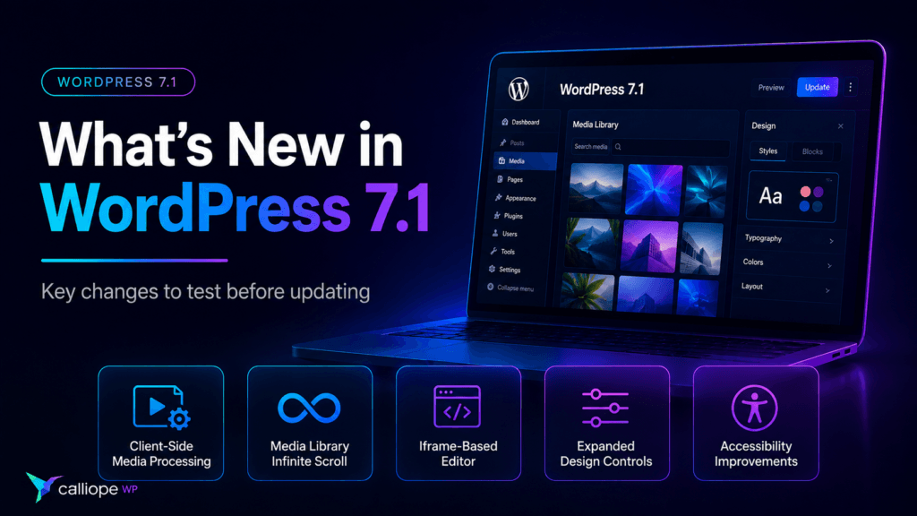 A laptop screen displaying the WordPress 7.1 dashboard interface alongside five icons highlighting new features including client-side media processing, infinite scroll, iframe-based editor, design controls, and accessibility improvements.