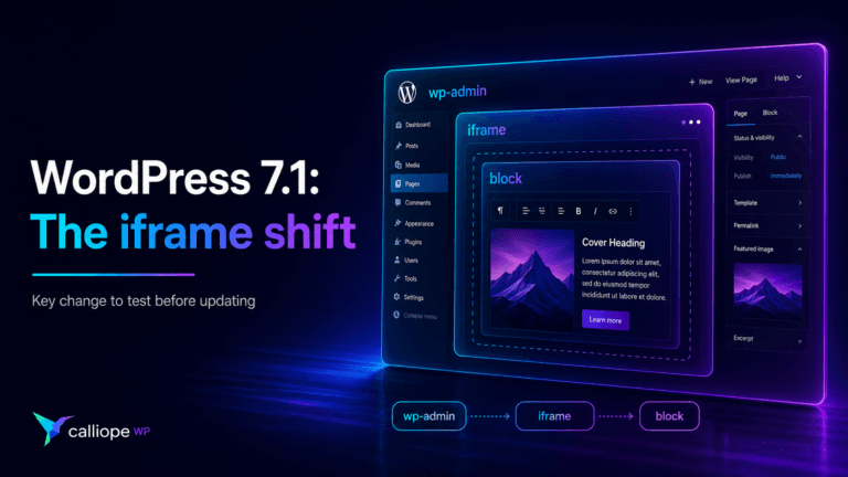 A conceptual diagram showing the WordPress 7.1 admin interface with an iframe containing a block editor, illustrating the structural shift in post editing.