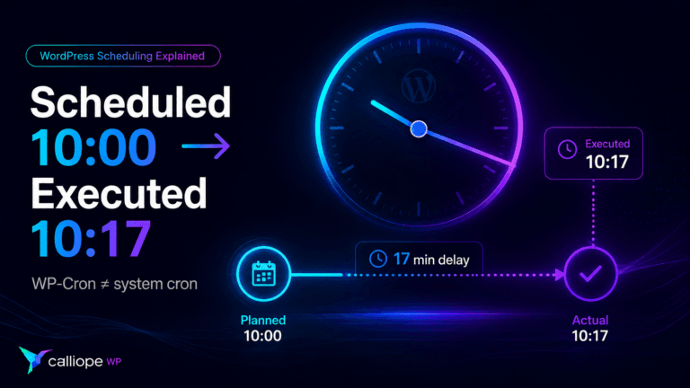 A diagram showing a WordPress scheduled task planned for 10:00 but executed at 10:17, illustrating a 17-minute delay in the WP-Cron system.