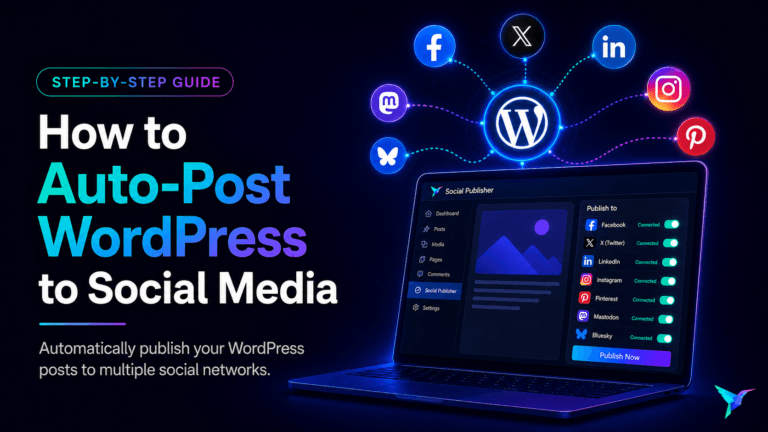 A laptop screen displaying a Social Publisher interface connected to various social media platforms, with a diagram showing WordPress at the center linked to Facebook, X, LinkedIn, Instagram, Pinterest, Mastodon, and Bluesky.