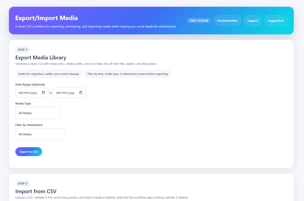 A WordPress plugin interface showing the Export Media Library step with options to filter by date range, media type, and attachment.