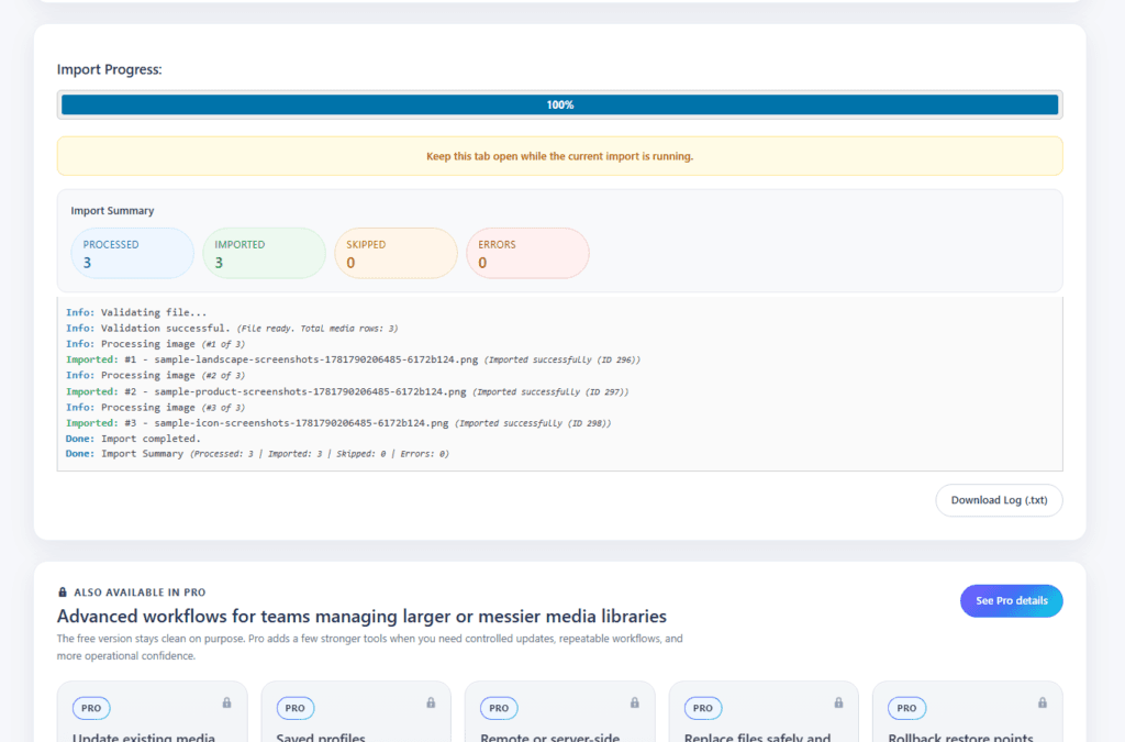A WordPress plugin interface showing a completed media import process with a progress bar at 100 percent and a summary of three processed and imported images with zero errors.